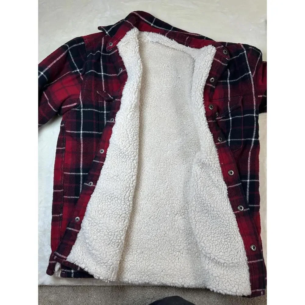 Men’s S Red Plaid Sherpa Lined Flannel Jacket Button Up Winter Workwear
